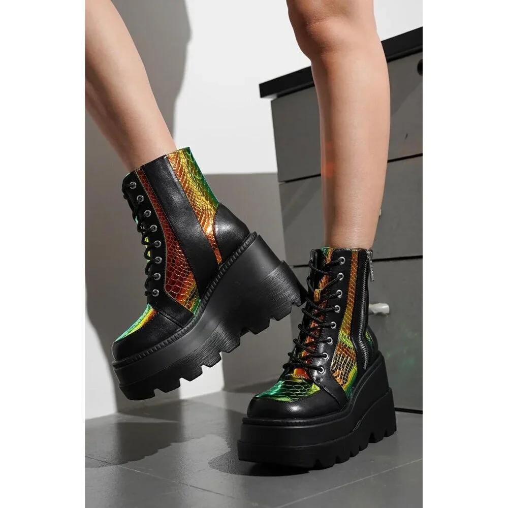 Women's Black Chunky Block Heels Pointed Toe Leather Buckle Strap Retro Boots